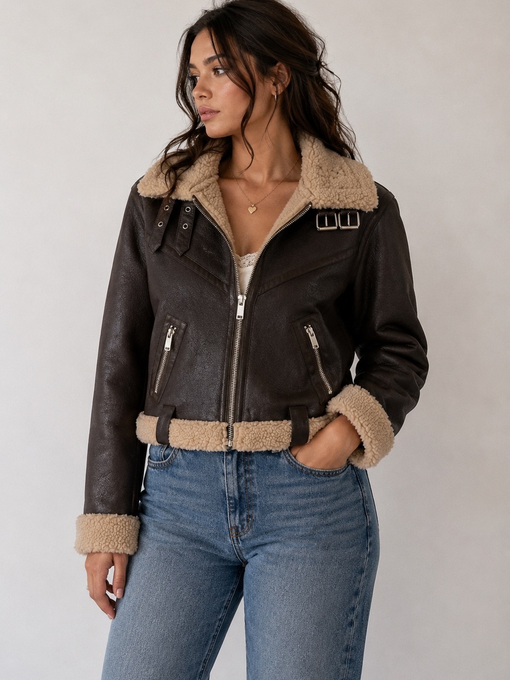 Brown Faux Shearling Moto Aviator Jacket XS
